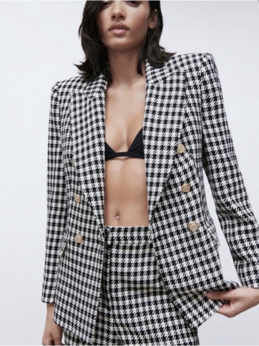 Zara Tailored Houndstooth Plaid Double-Breasted Blazer with Shoulder Pads
